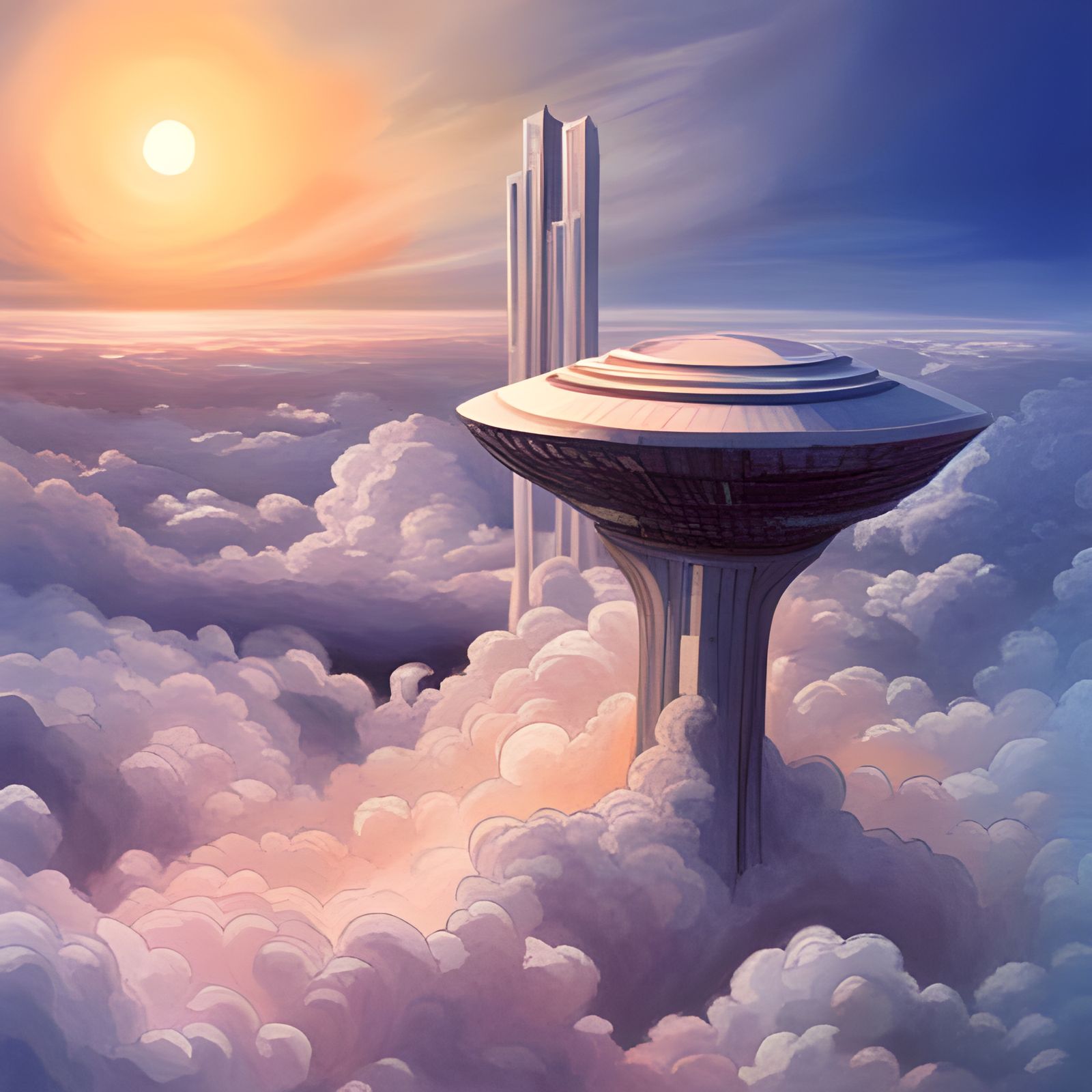 Vintage Sci-Fi Sky City with Clouds