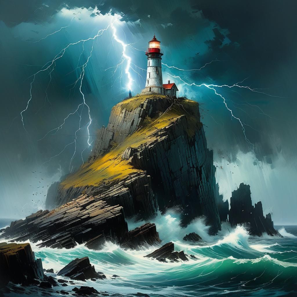 Lighthouse in Lightning Storm: A Detailed Matte Painting