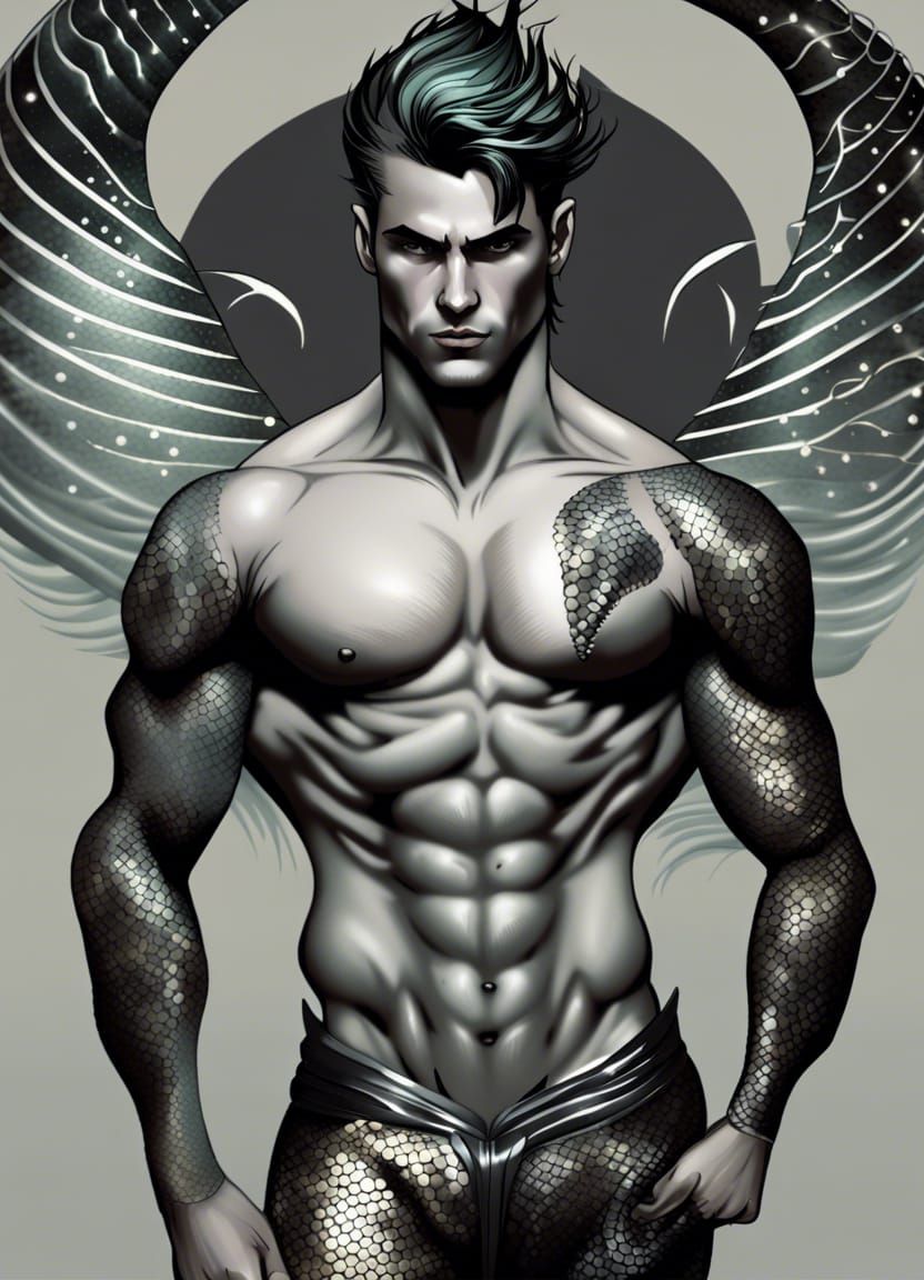 Muscular Merman with Silver Scales in Comic Book Style