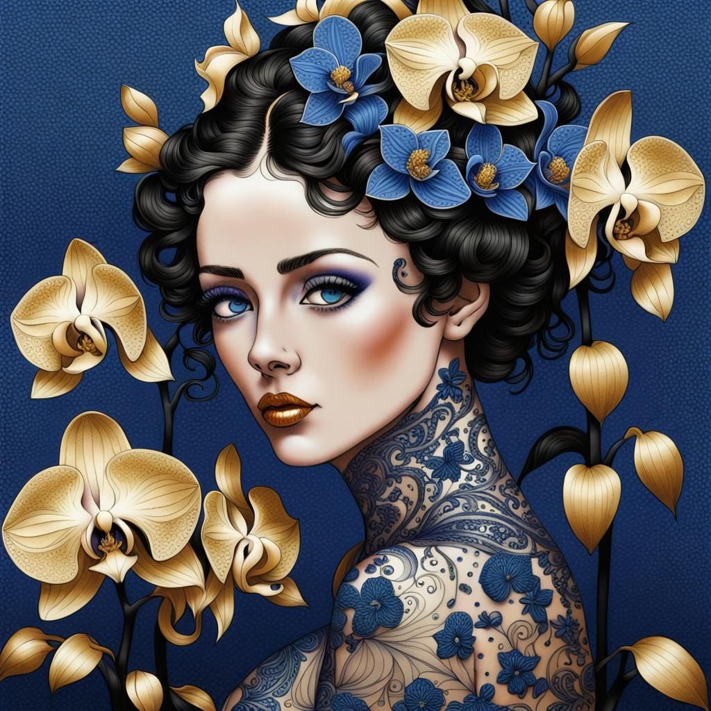 Orchid Woman in Pointillism Gel Pen Style