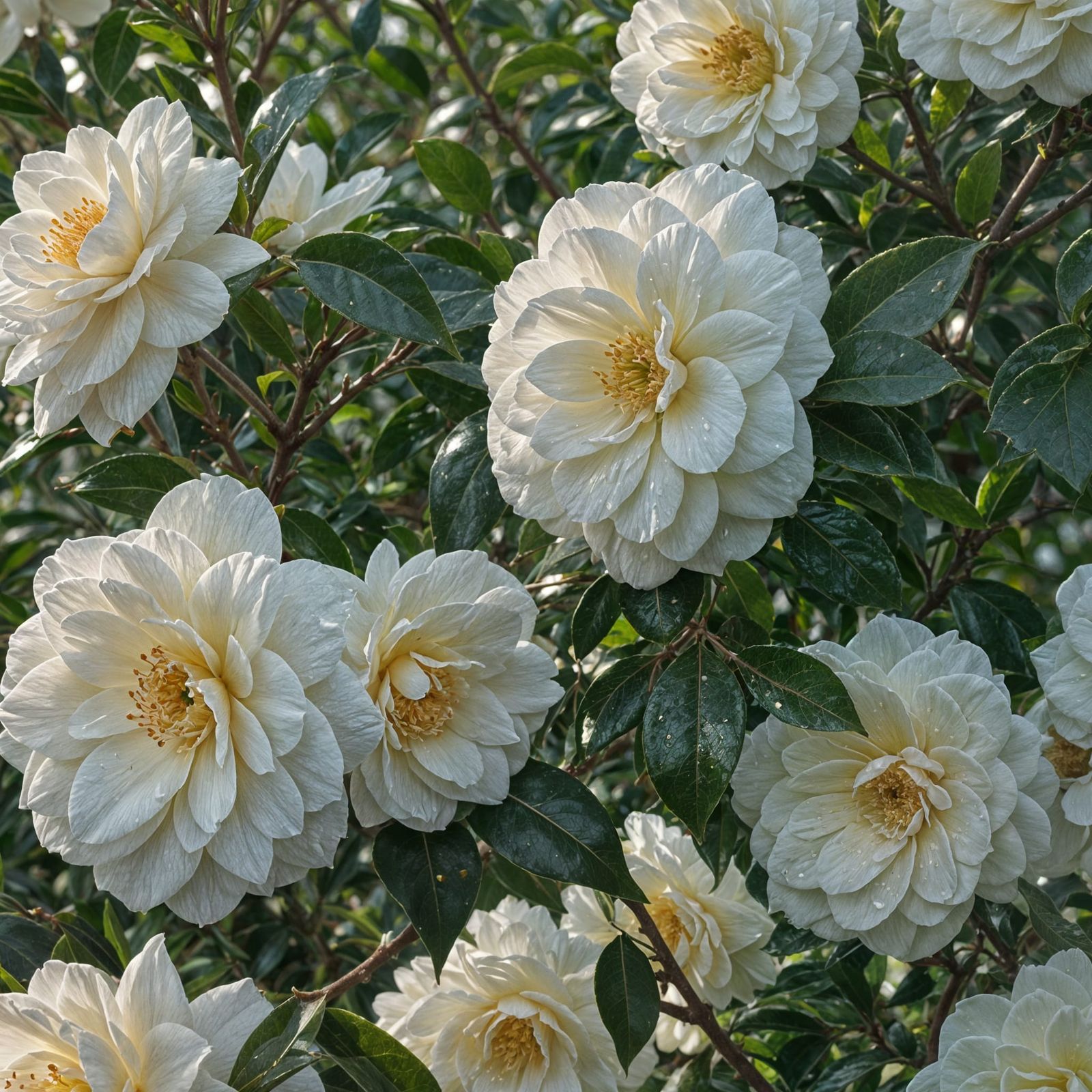 White Camellias in Morning Sunlight: Photorealistic 8K