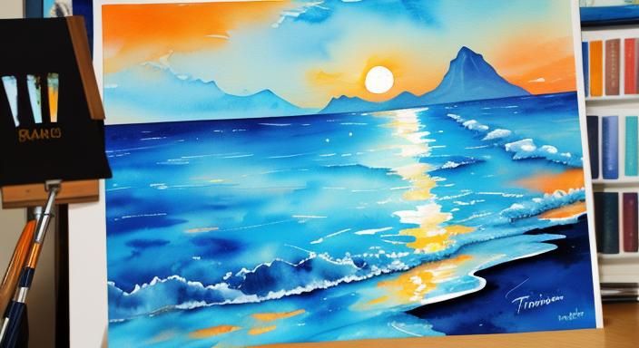Tahiti Beach Sunrise with Blue Moon in Impasto Style
