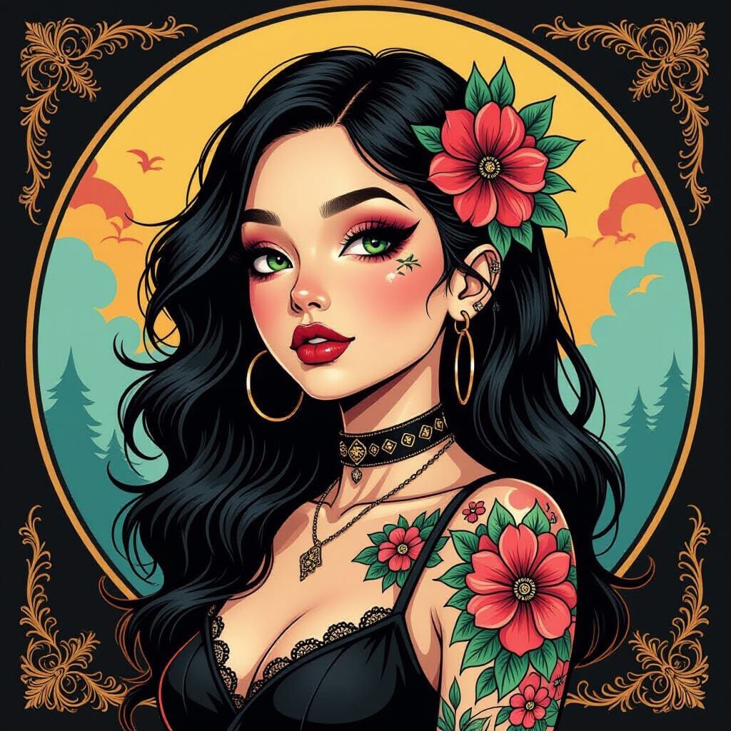 Goth Girl with Vibrant Floral Tattoo, Romantic & Bold Style