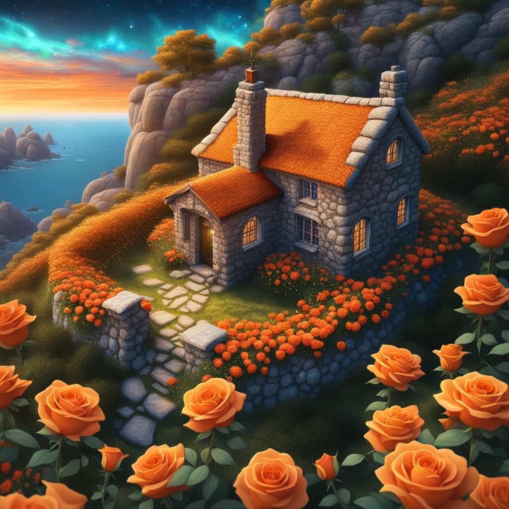 Cliffside Cottage Surrounded by Roses in Cosmic Illustration