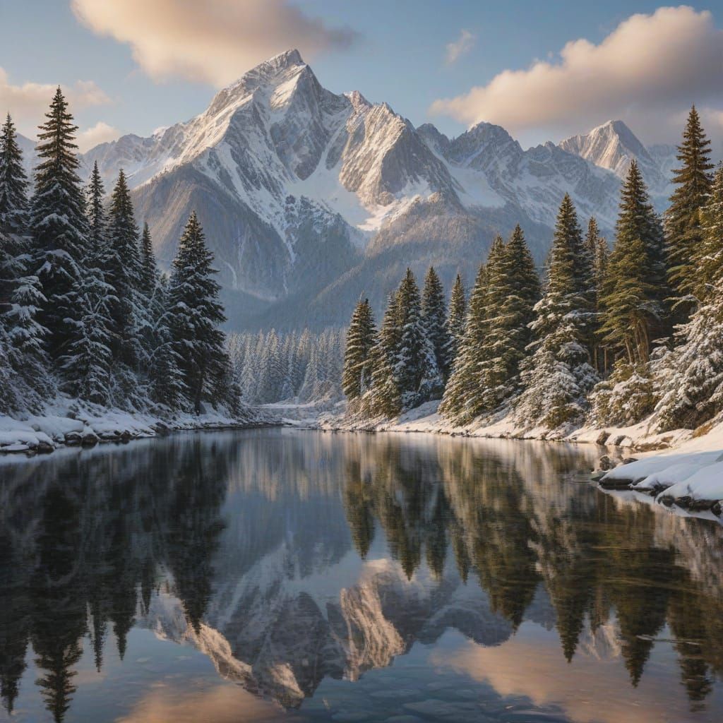 Winter Wonderland Forest Landscape with Majestic Mountains