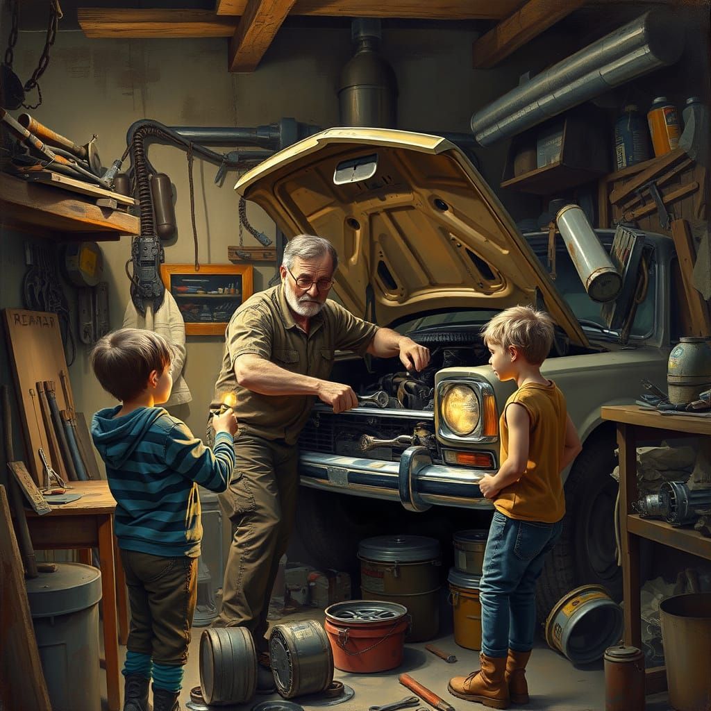 Family Car Repair: Gritty Realism in Garage Scene