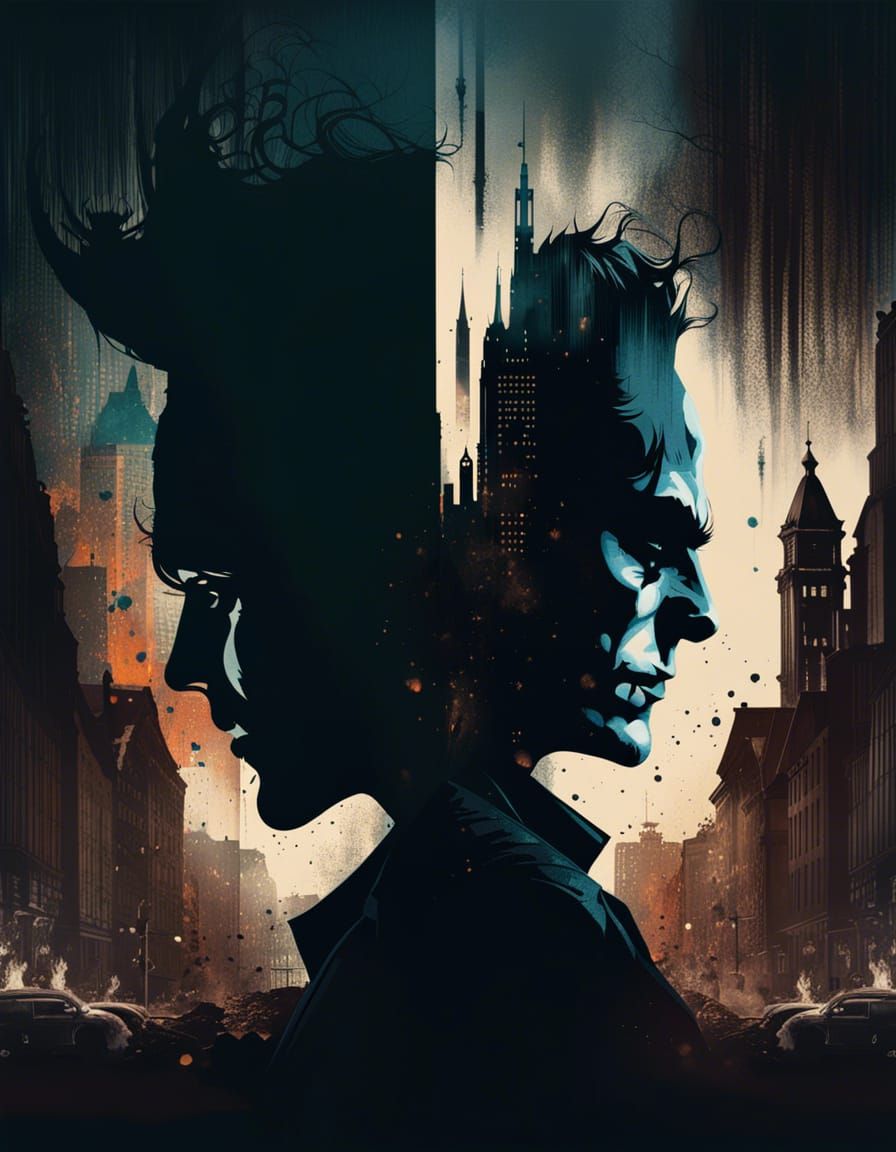 Joker Silhouette in Gotham: Double Exposure Art