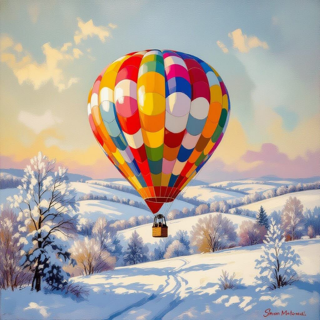Hot Air Balloon over Snowy Landscape, Impressionist Style