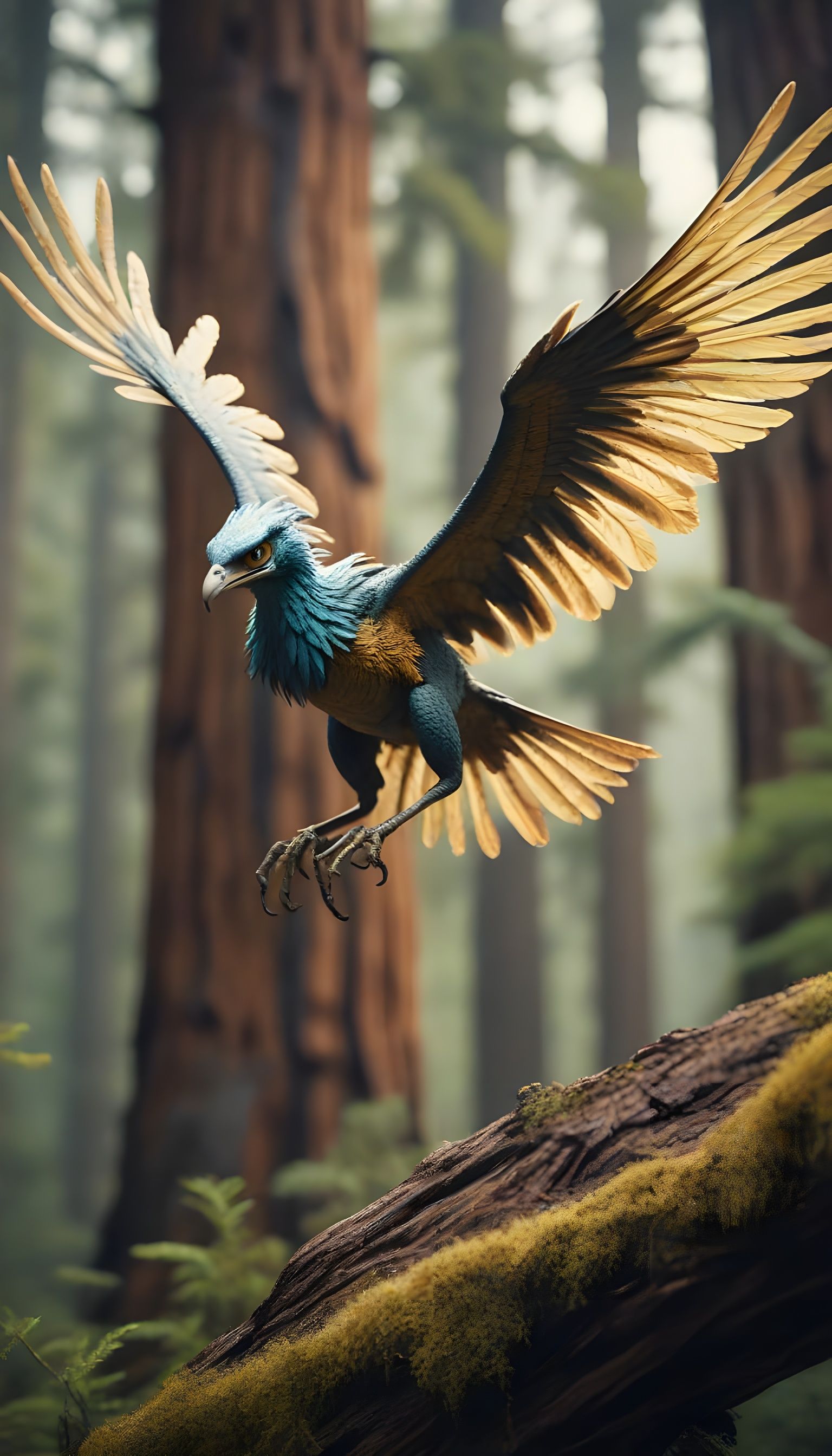 Archaeopteryx flying Through a Sequoia Forest