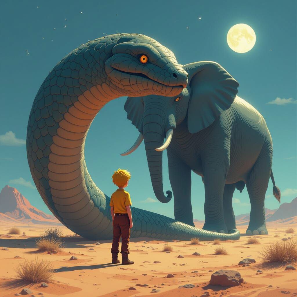 Little Prince and Elephant-Eating Snake in Anime Style