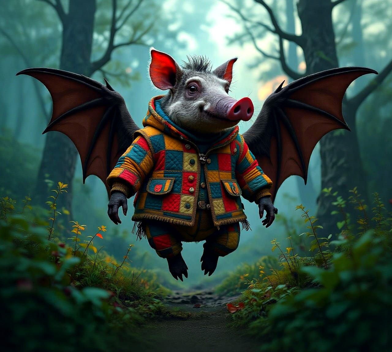 Whimsical Warthog-Bat Hybrid Creature in Forest