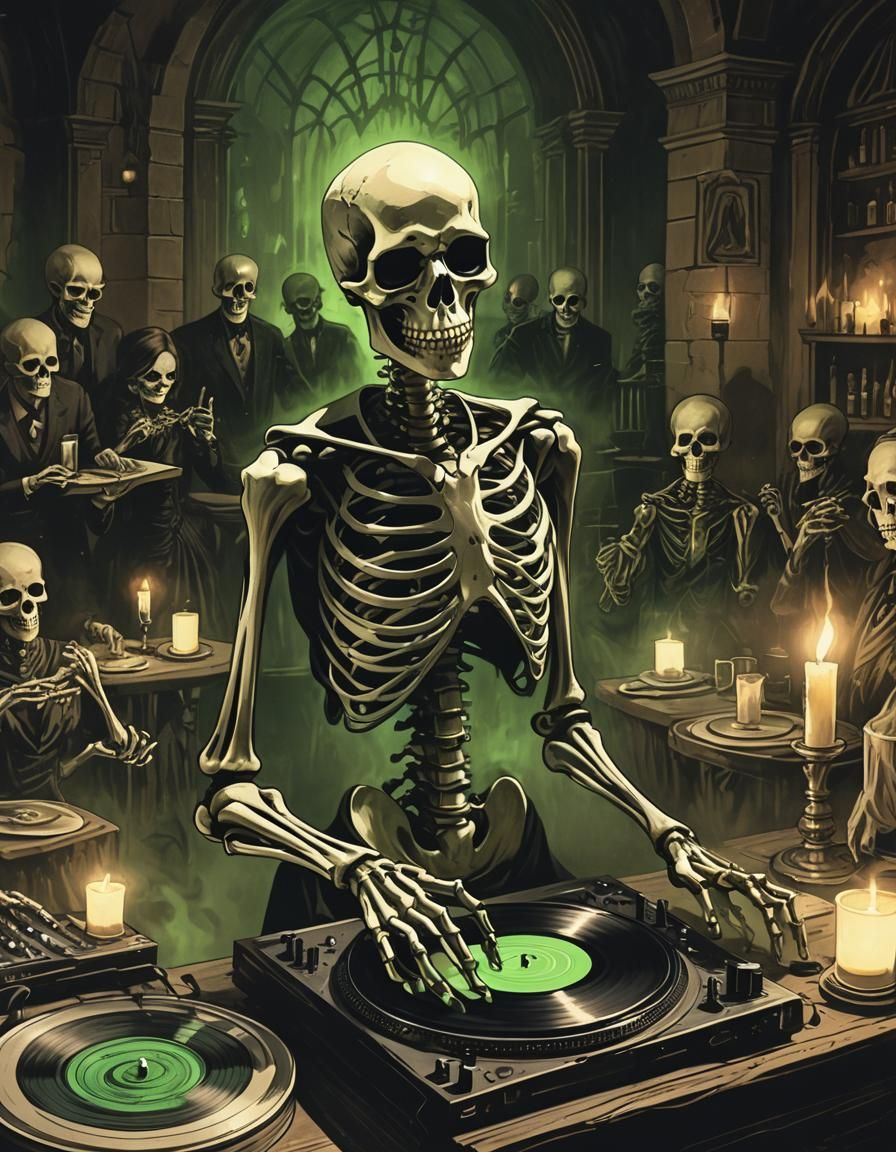 Skeleton DJ playing records at a creepy party. Everyone dancing is afraid