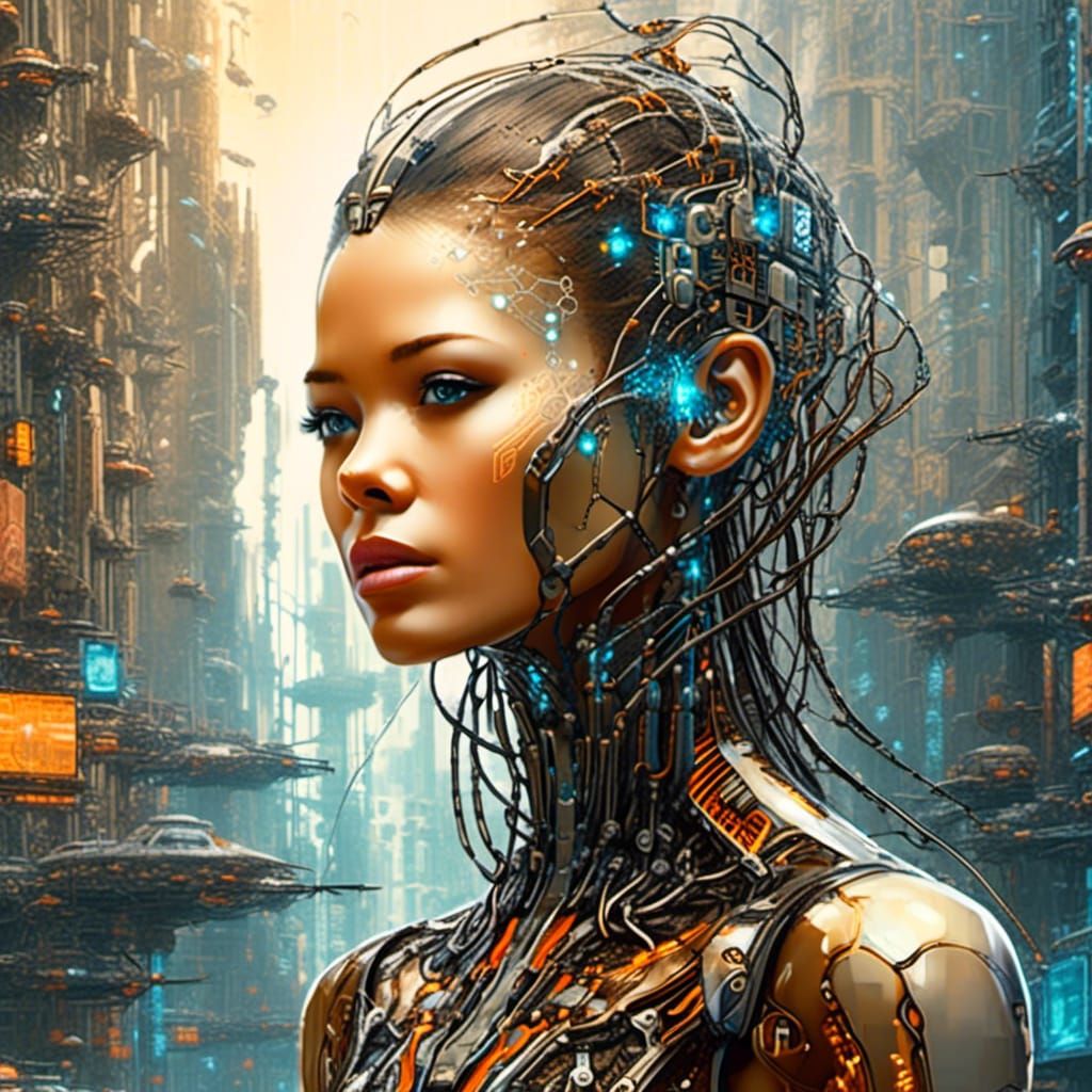 Futuristic Sci-Fi Cyborg Woman in Crowded City