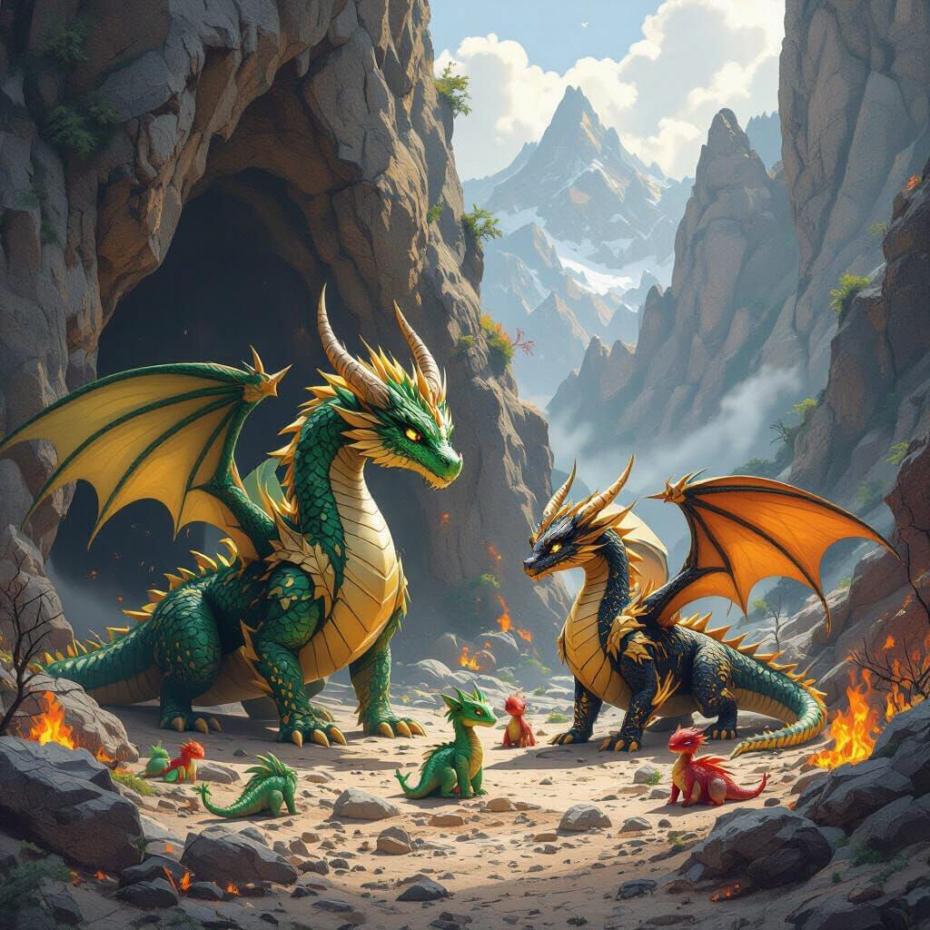 Two Dragons Guarding Cave Entrance with Hatchlings in Anime ...