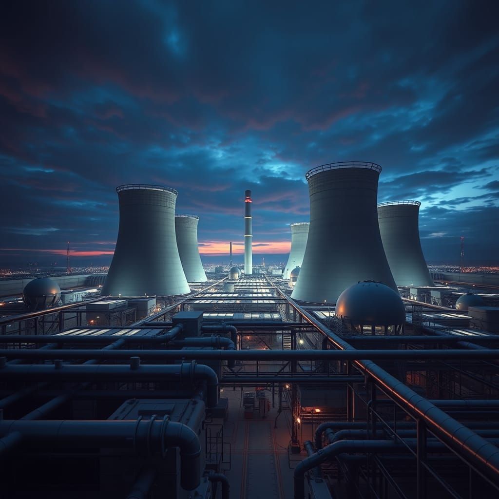 Glowing Nuclear Power Station at Dusk: Hyperrealistic Sci-Fi