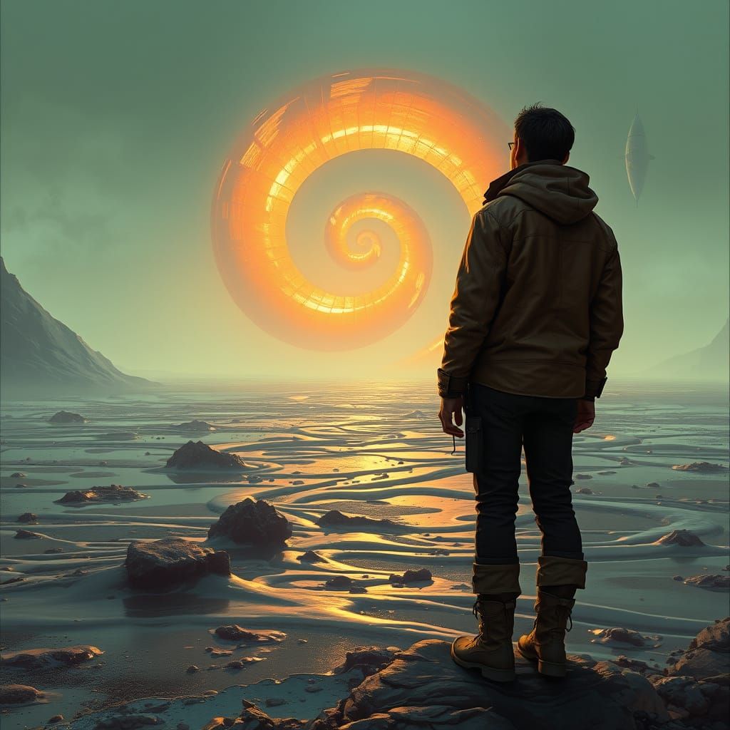 Dystopian Figure Gazing at Spiral Structure