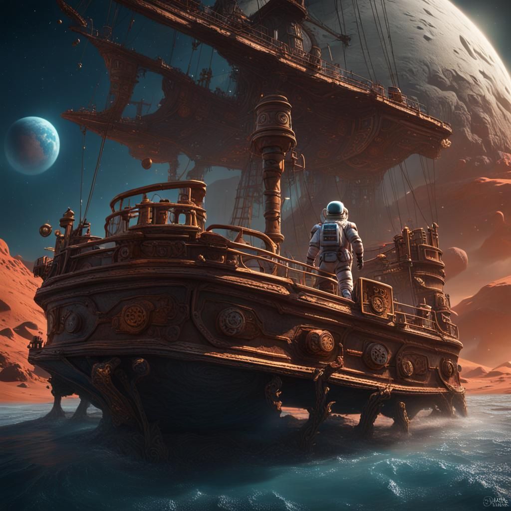 Astronaut Pirate Ship Sailing on Mars: Fantasy Concept Art