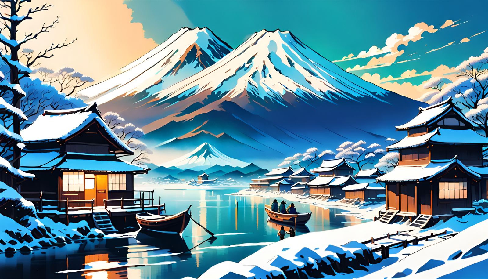 Winter Fishing Village near Mount Fuji