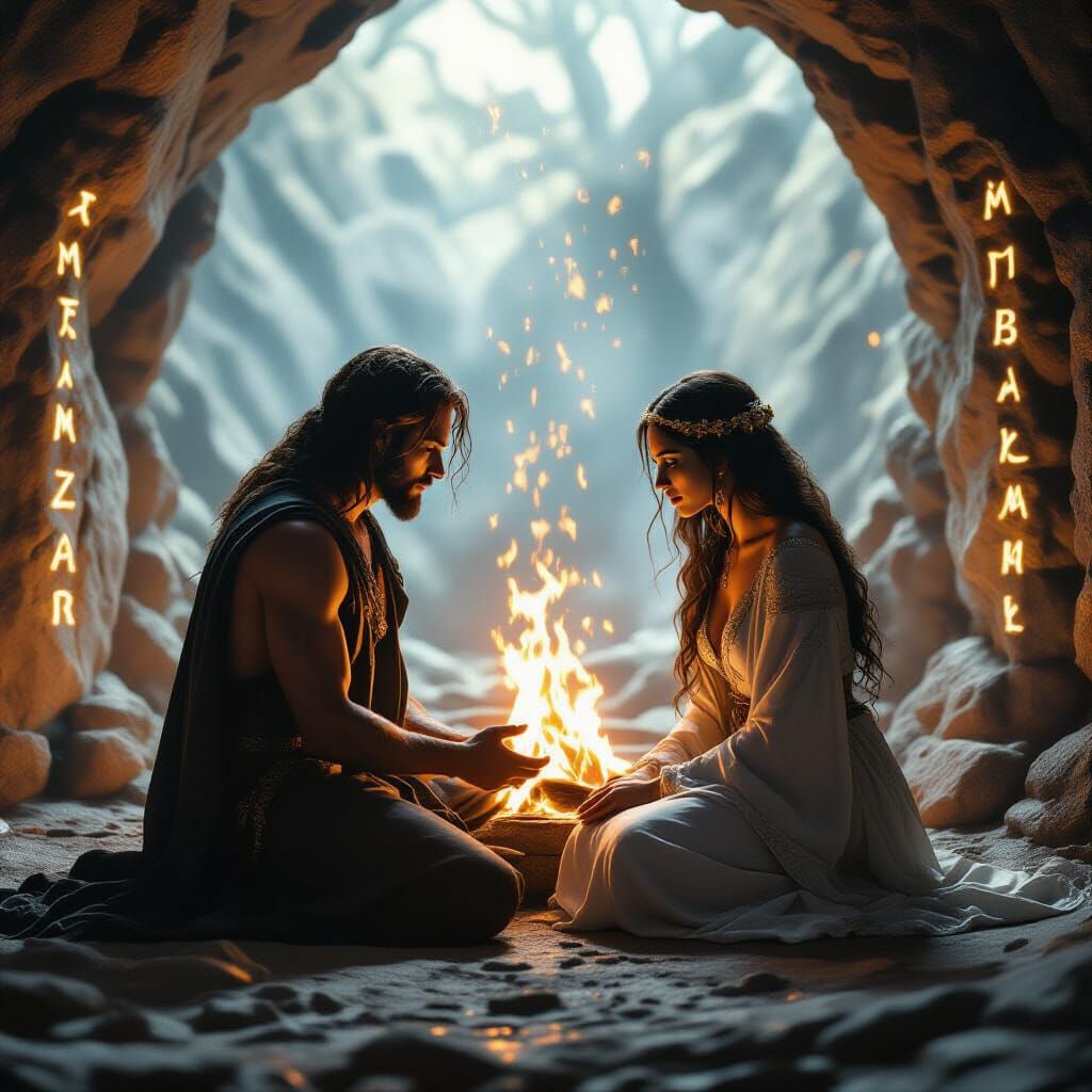 Otherworldly Lovers in Sacred Chamber Lit by Fire