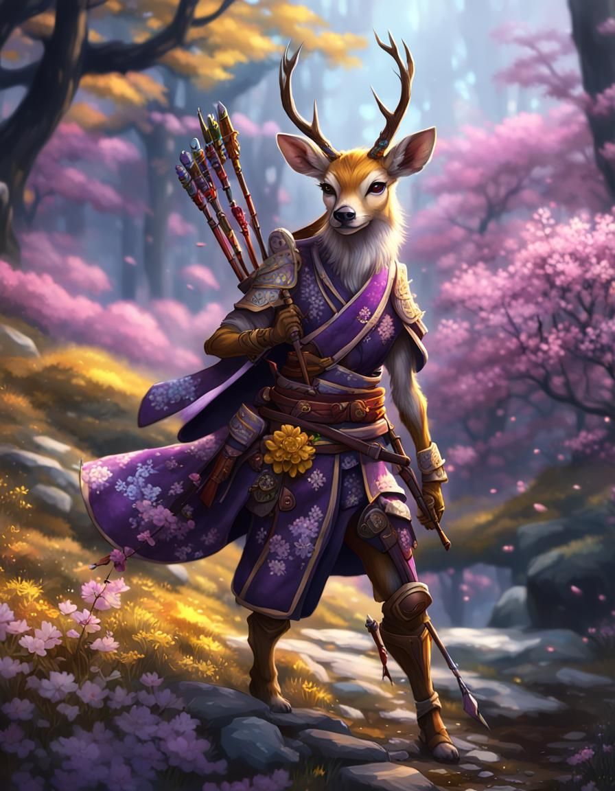 Fawn Furry Samurai Archer in Dark Fantasy Style
