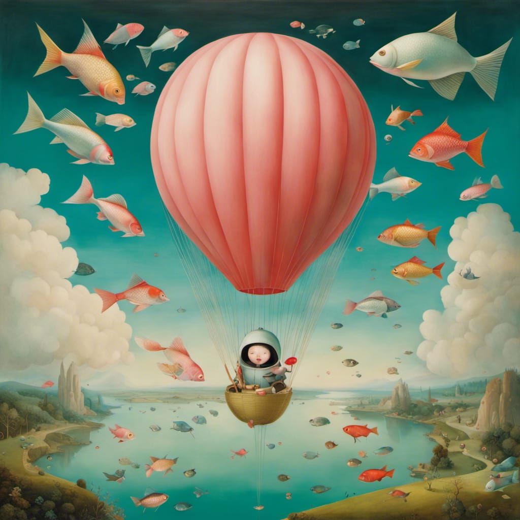 Surreal Fish Parachuting, Whimsical Art Style