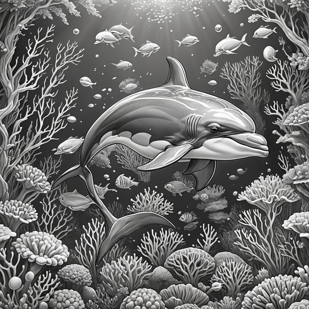 Dolphin and Coral Coloring Page in Simple Line Art