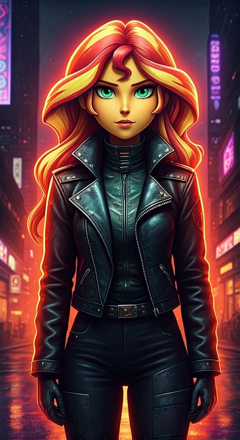 Cyberpunk Sunset Shimmer Portrait in Leather Jacket