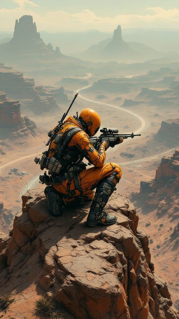 Cyberpunk Psycho Sniper Perched on Mesa
