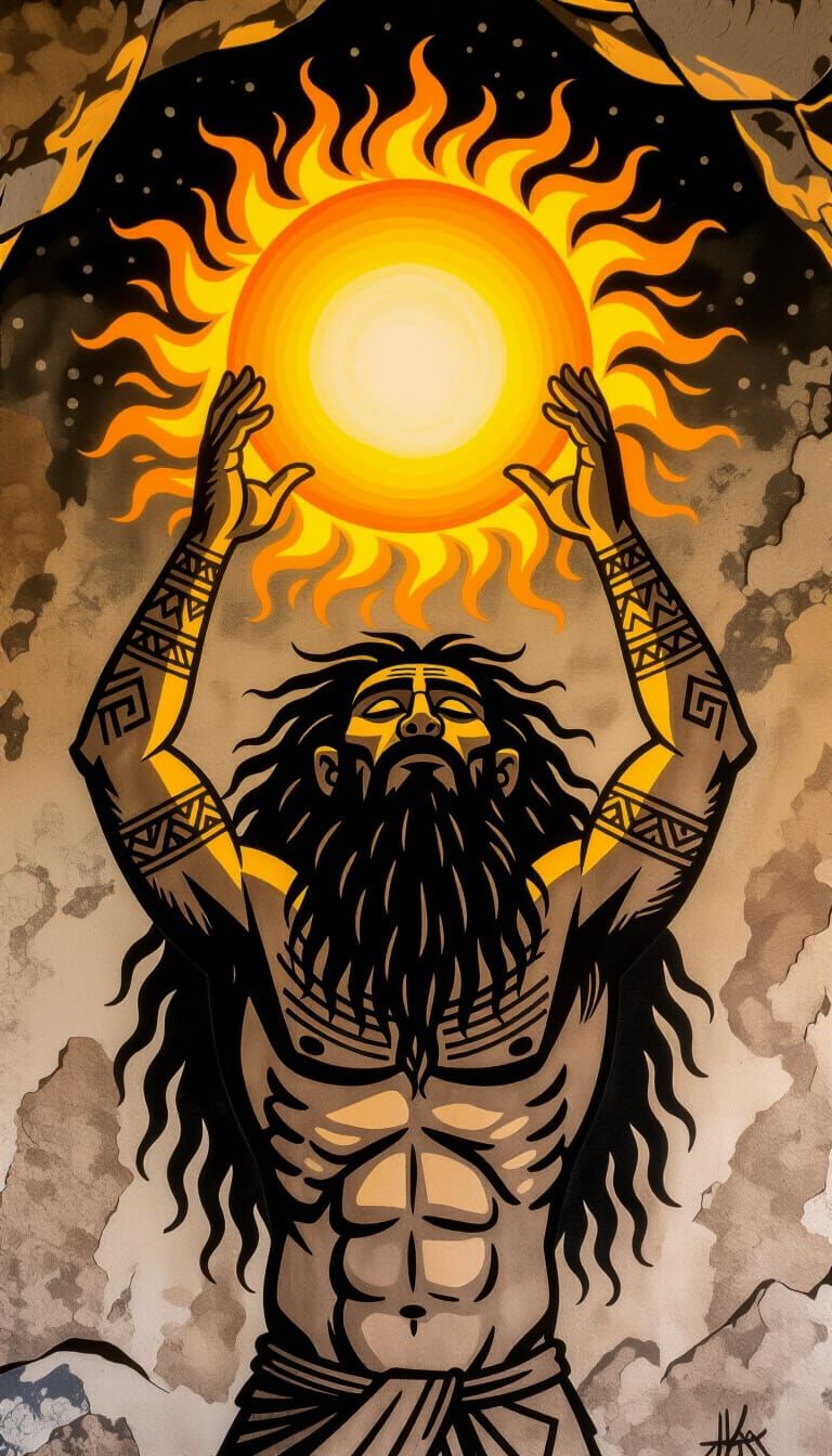 Cave Art Style Drawing of Figure Raising Fiery Sun