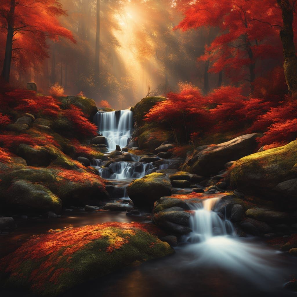 Majestic Autumn Waterfall in Hyper-Realistic Digital Paintin...