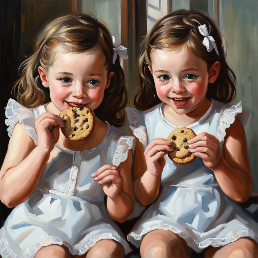 Twin Girls Eating Cookies: Oil Painting