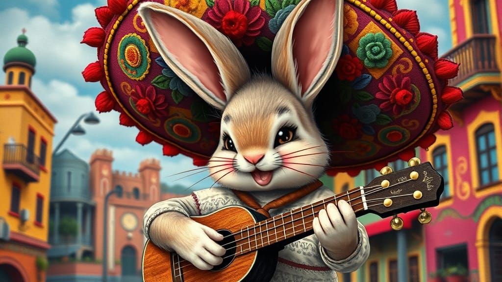 imagine a smiling  baby bunny  wearing a sombrero, playing a guitar. The background is a Mexican city. Artistic composit...