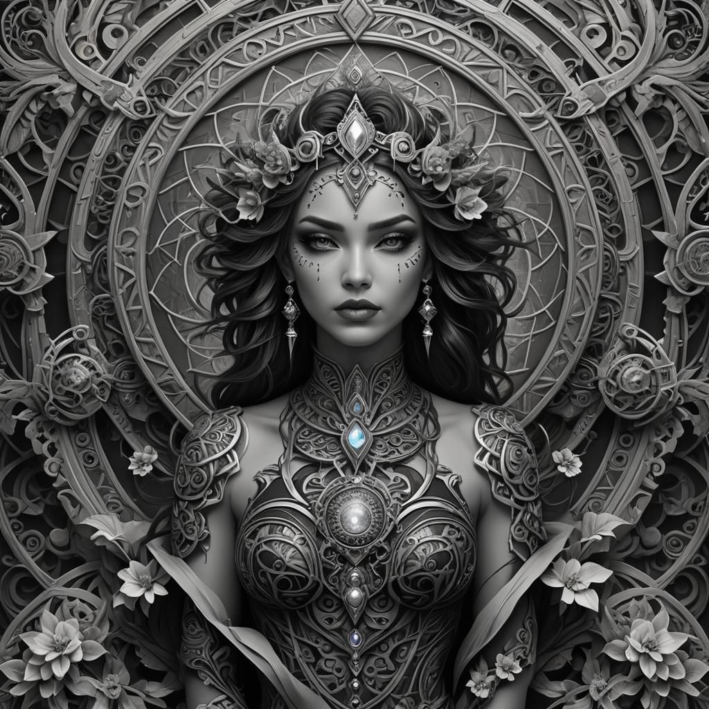 Geometric Tattoo of a Heyoka Empath in Grayscale