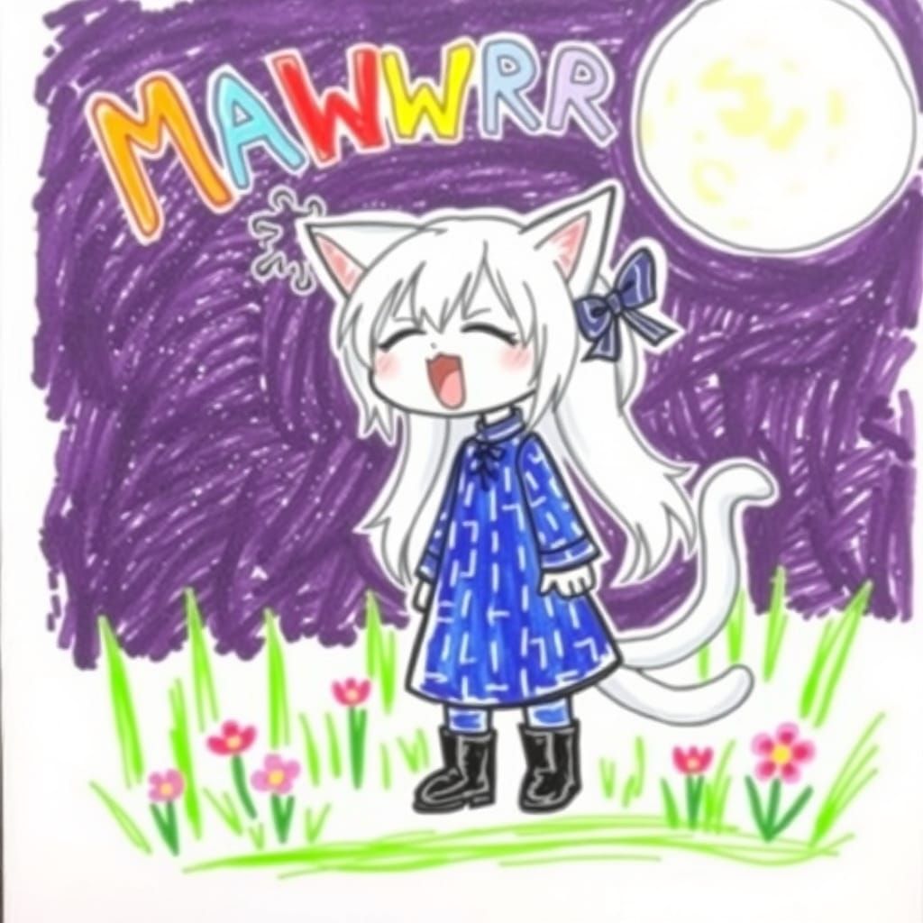 Anime Catgirl Shouting, Crayon Drawing