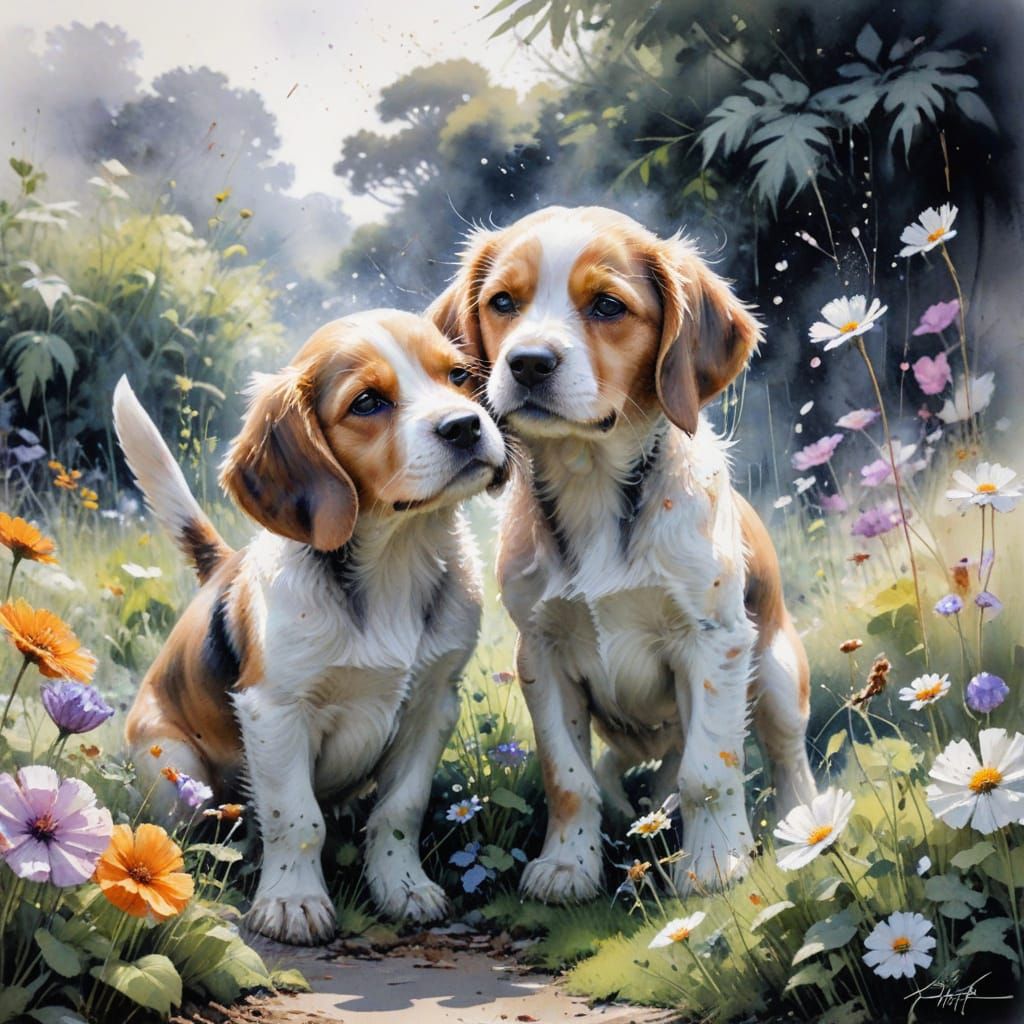 Adorable Beagle Pups Playing in a Garden