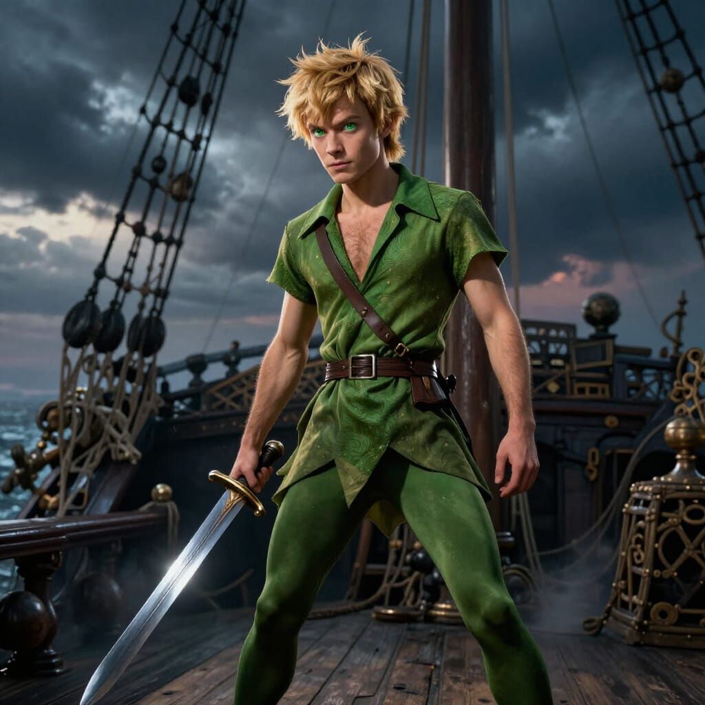 Adult Peter Pan on Pirate Ship in Stormy Twilight