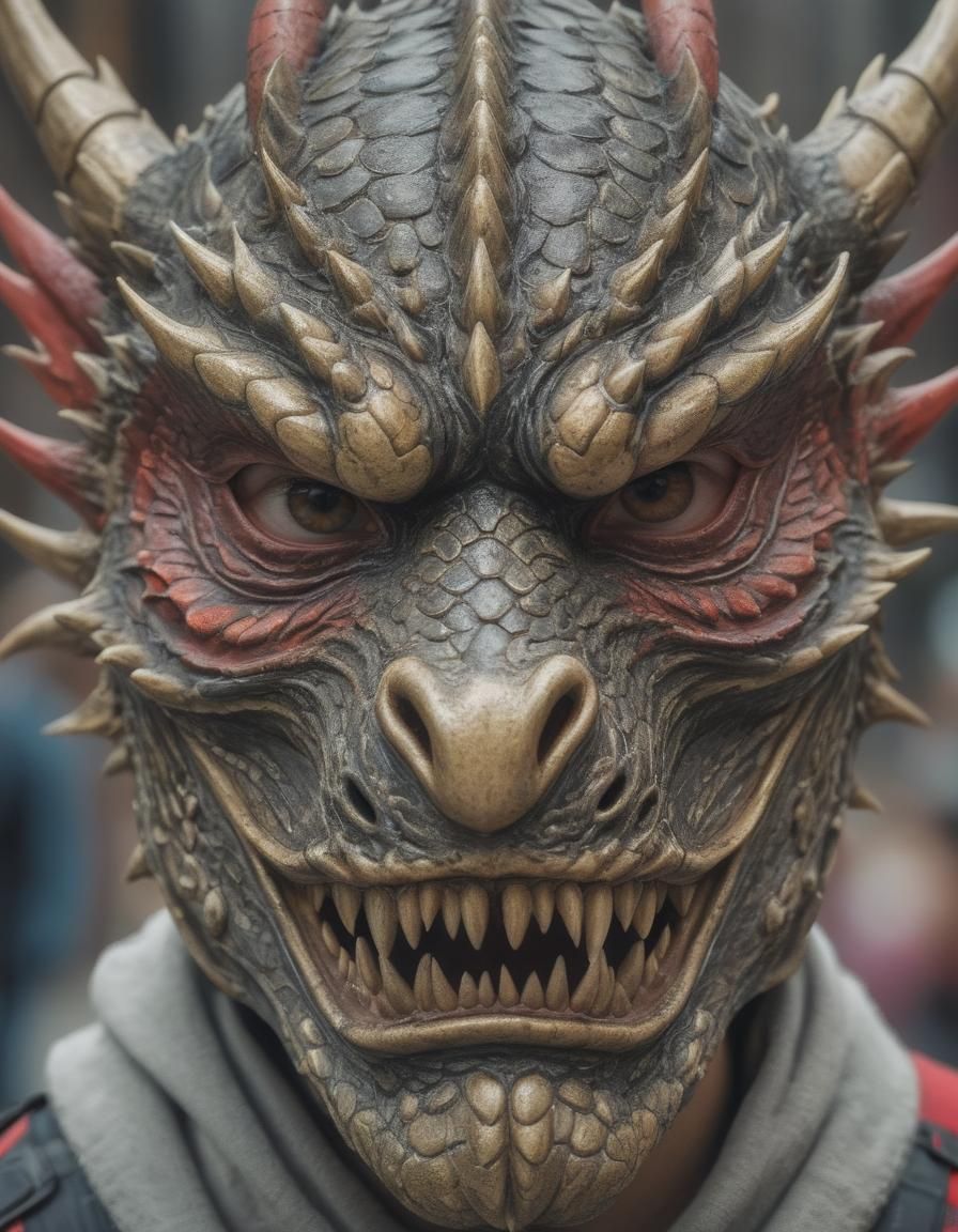 Person in Dragon Mask, Sharp Focus, HDR