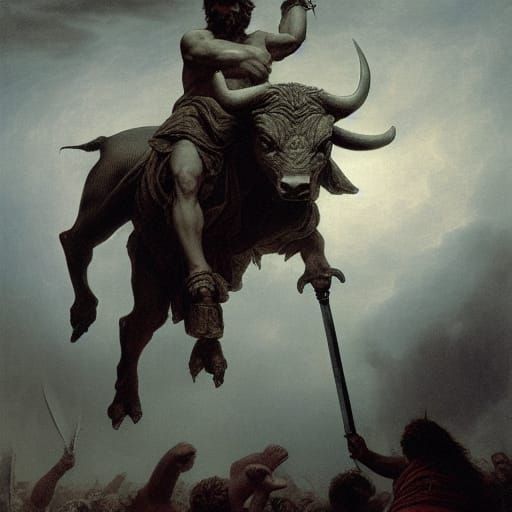 Asterius the Bull Wields Sword: Dark Fantasy Art