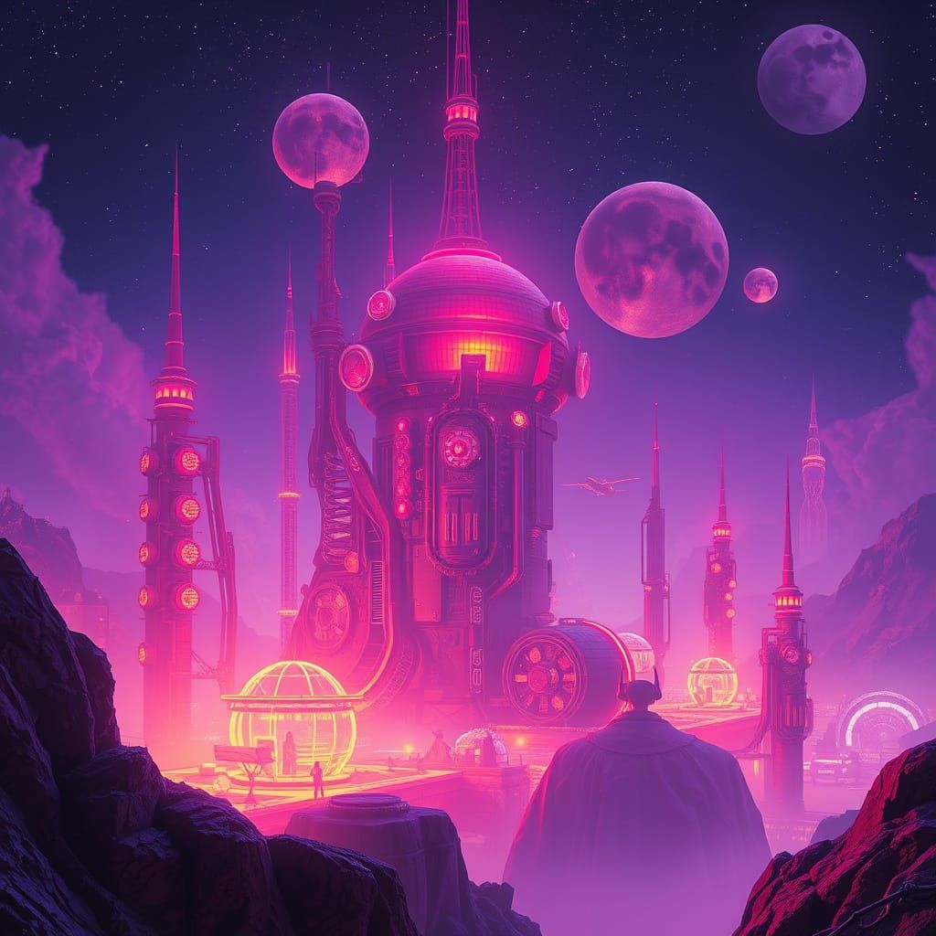 Surreal Futuristic Cityscape in Vibrant Purple and Orange
