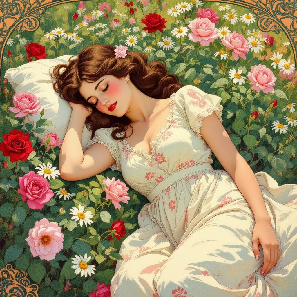 Woman in Flower Bed, Art Nouveau Style