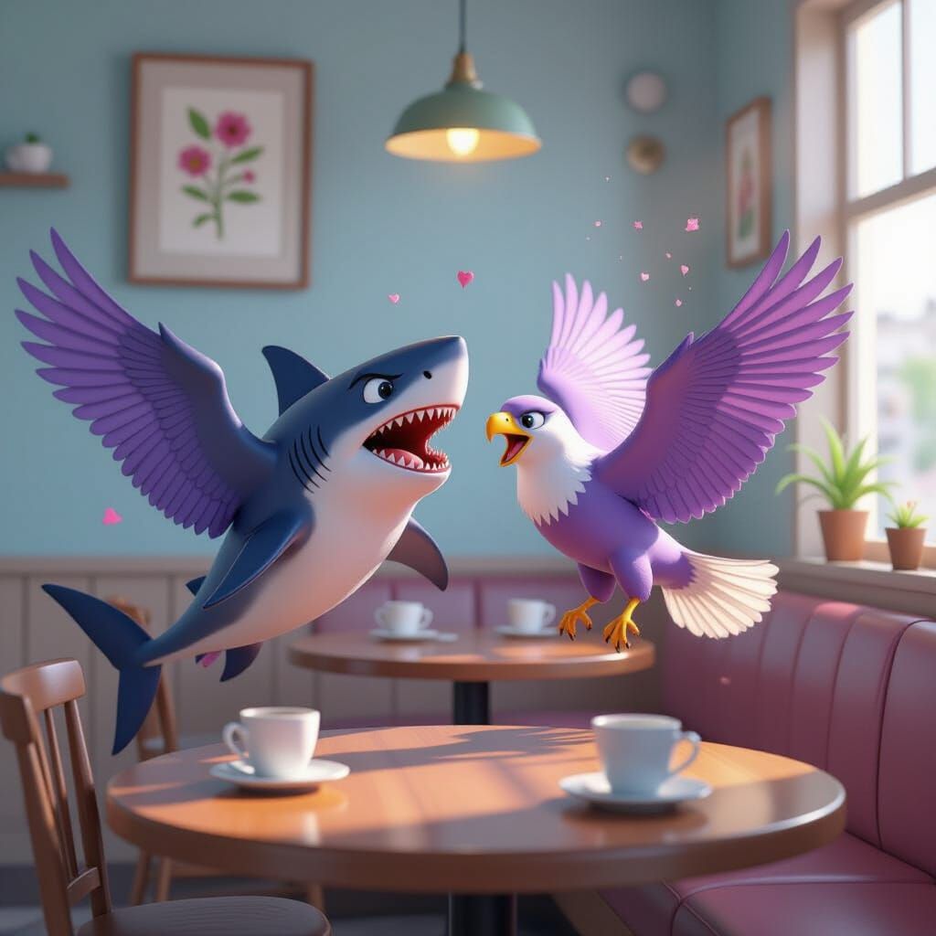 Nightmare Shark Fights Lilac Eagles in Whimsical Cafe