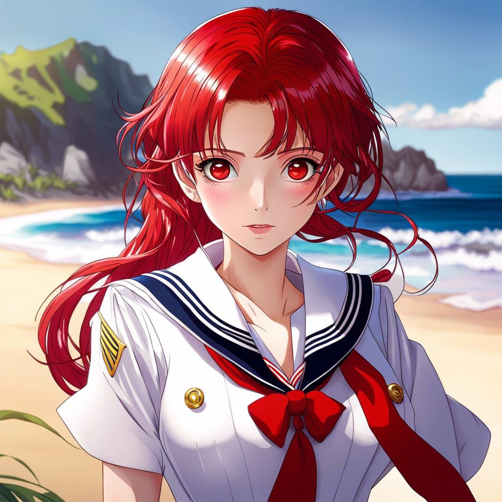 Anime Woman with Scarlet Hair on Beach