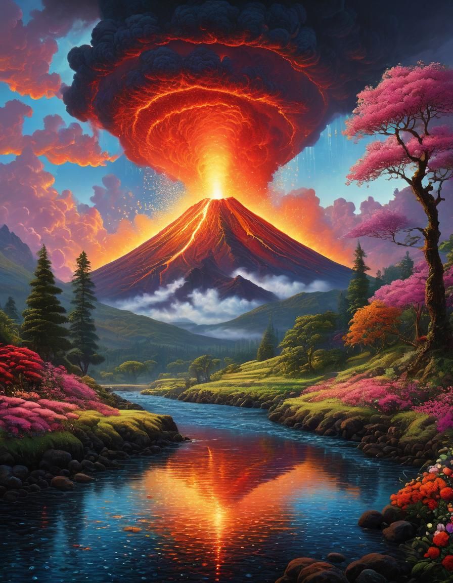 Volcano Eruption in Pointillism Style with Holographic Refle...