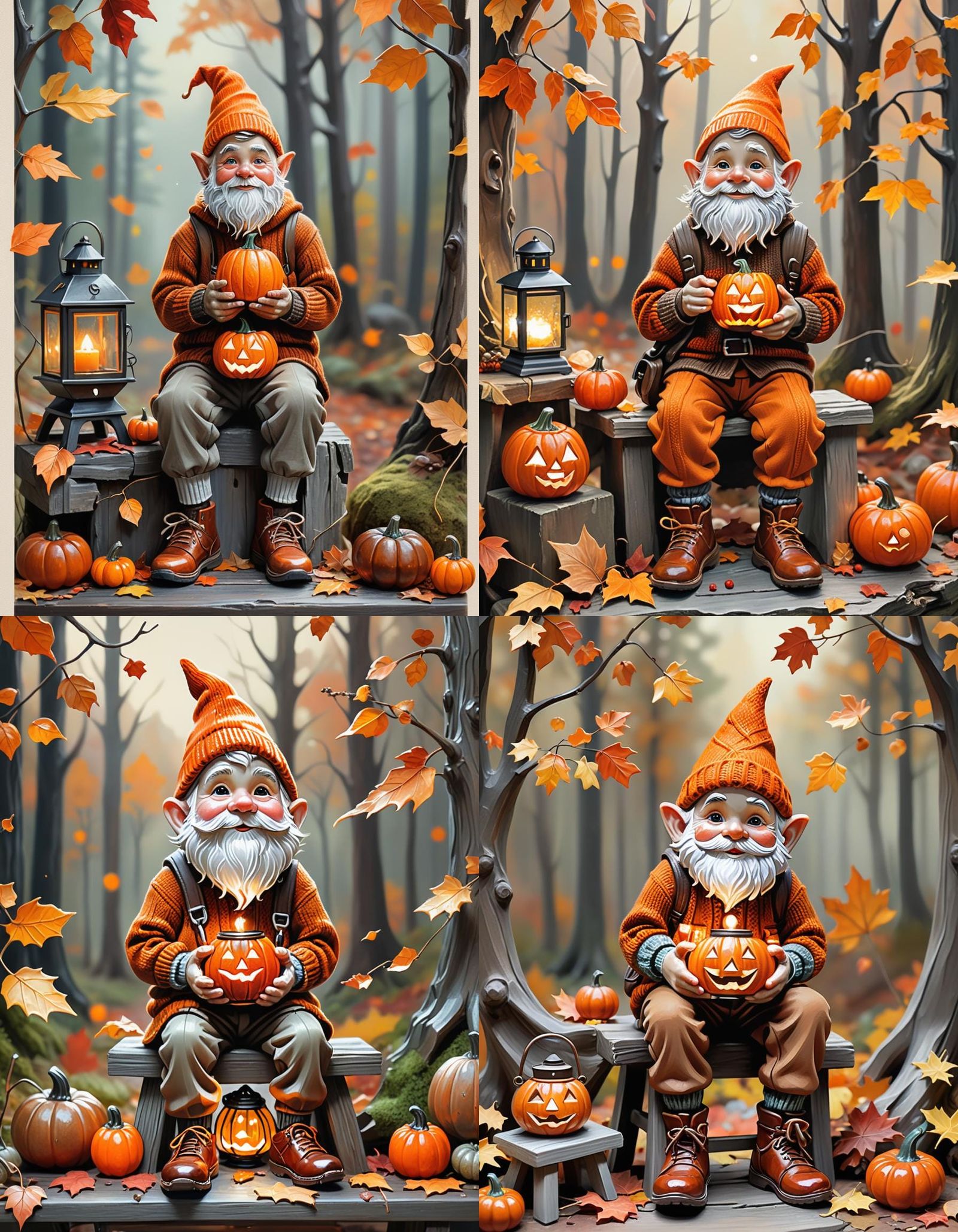Hyperrealistic Gnome with Pumpkin and Lantern in Autumn