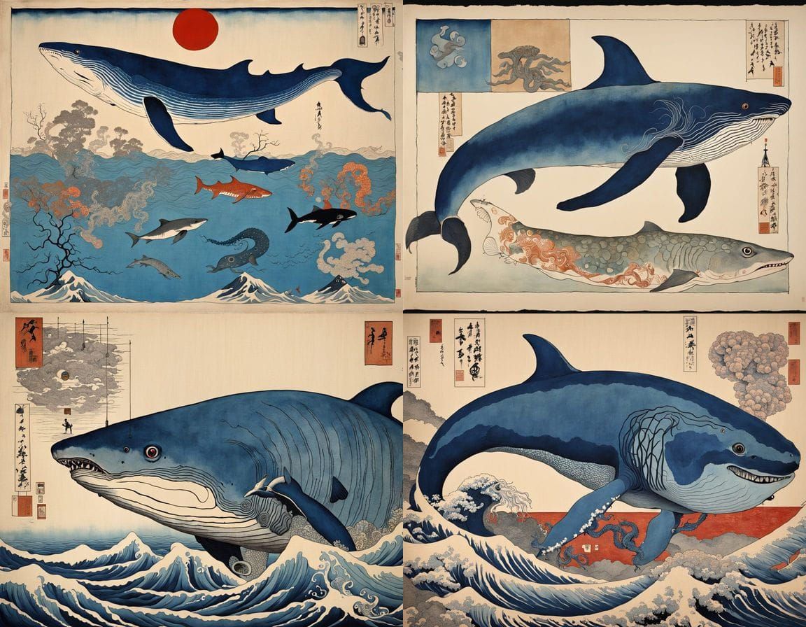 Surreal Ukiyo-e Whale in Blue Sea, Japanese Art
