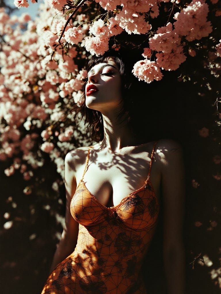 Golden Hour Horror: Pin-Up Meets Abstract in Grainy Style