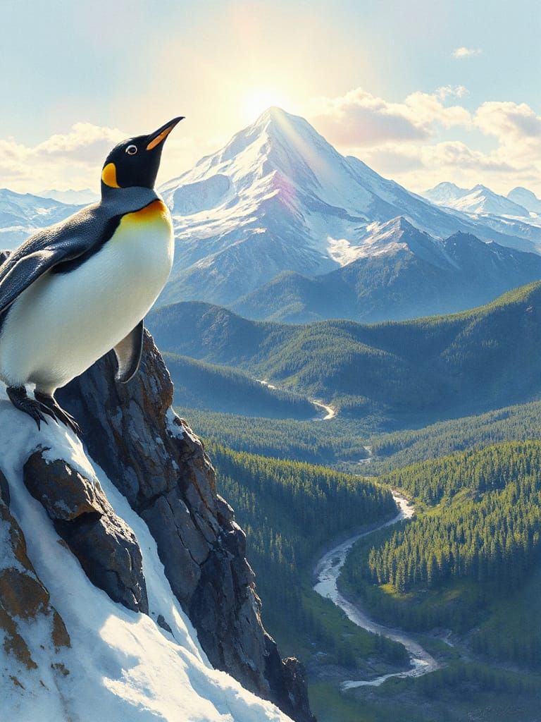 Penguin King on Snowy Mountain Peak
