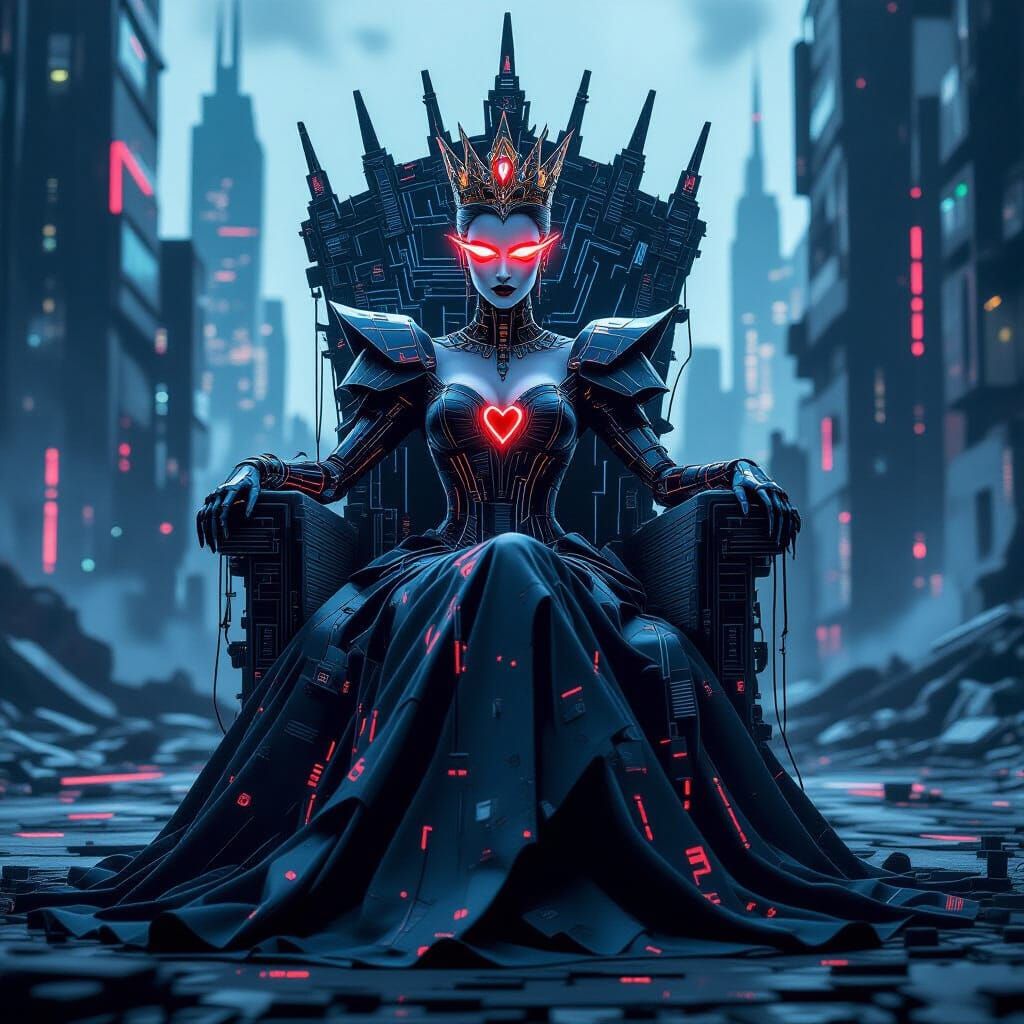 Cybernetic Queen of Hearts in Futuristic Cityscape