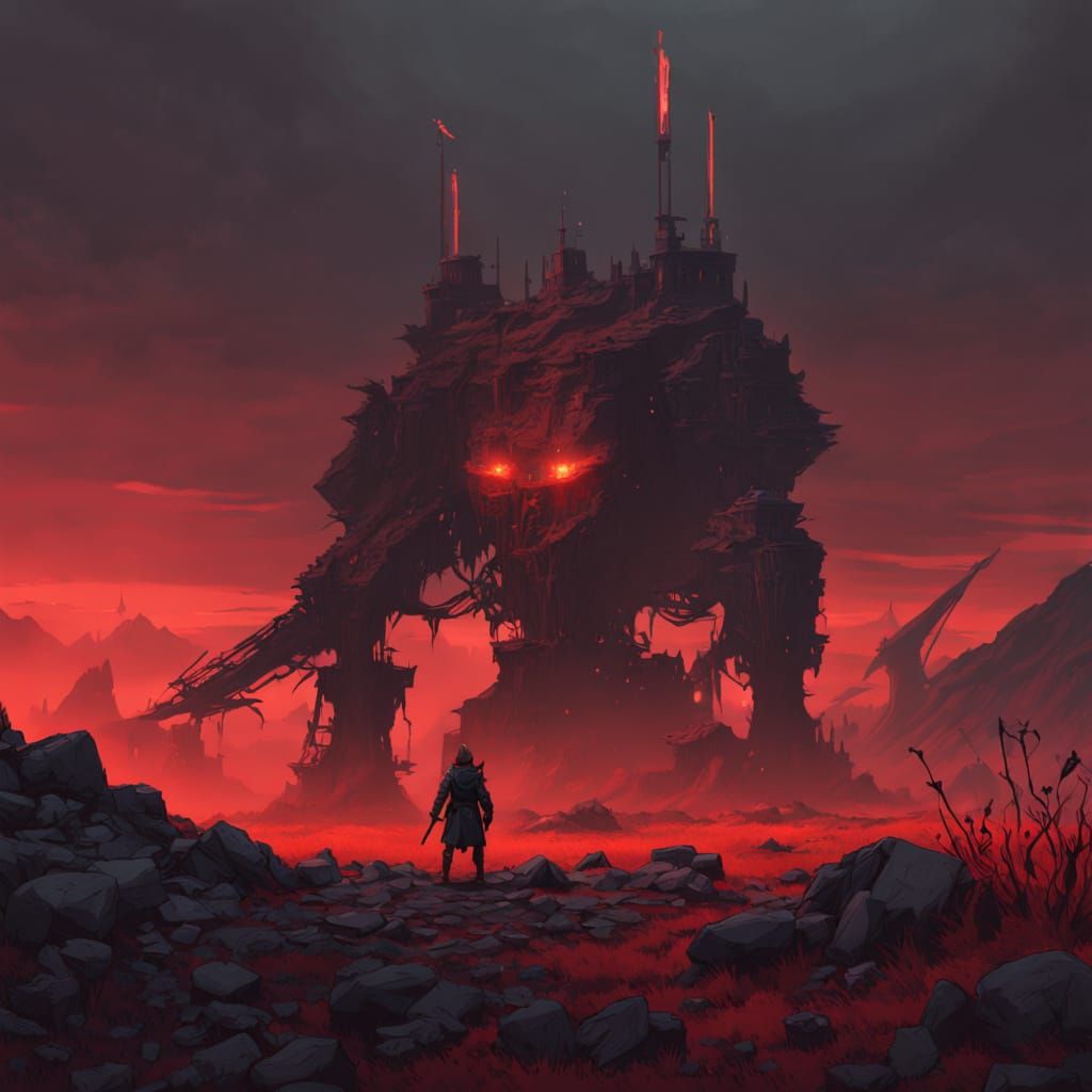 Dark Warrior Stands Against Skeleton Army in Ruined Castle