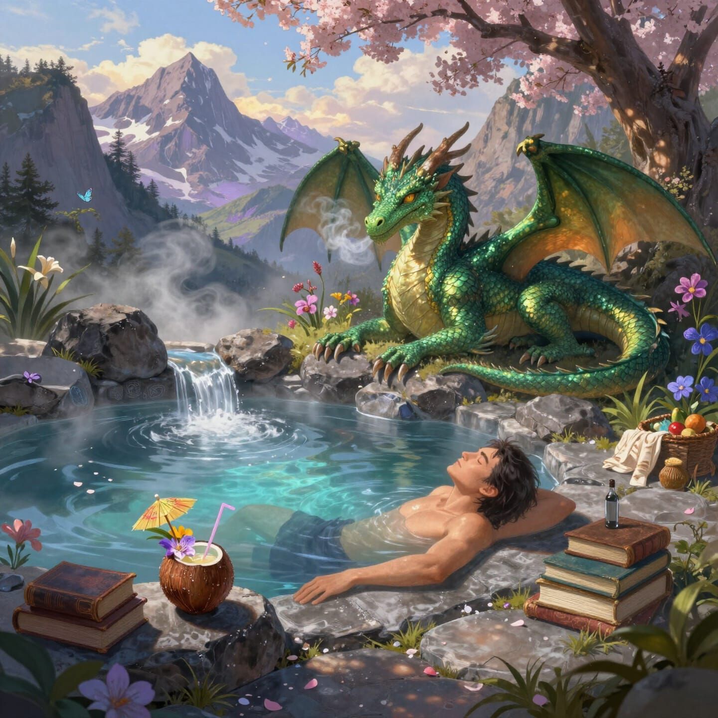 Fantasy Oil Painting of Dragon and Traveler in Hot Spring